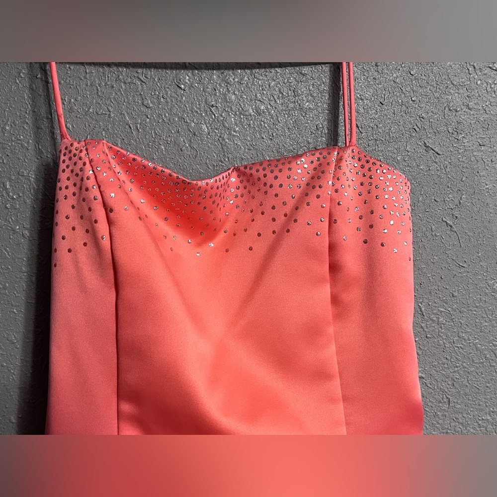 Coral prom dress with back ties. Morgan and Co Prom Dress, lightly used.